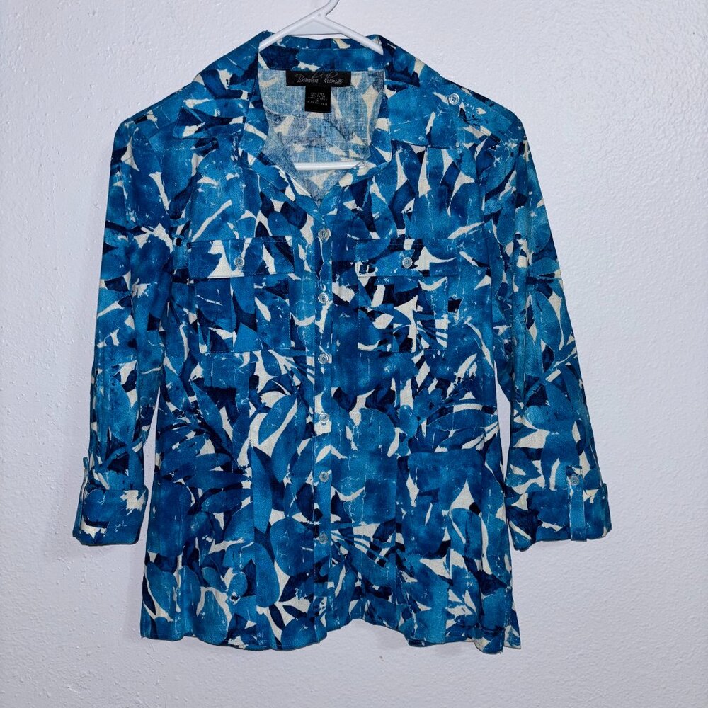 Brandon Thomas Floral Blouse Size S Blue Linen Blend Tropical Safari 3/4‎ Sleeve